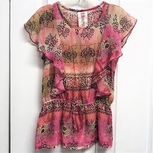 Beautees Multi Color Floral Print Sheer Ruffle Short Sleeve Tunic Top Jr Size M